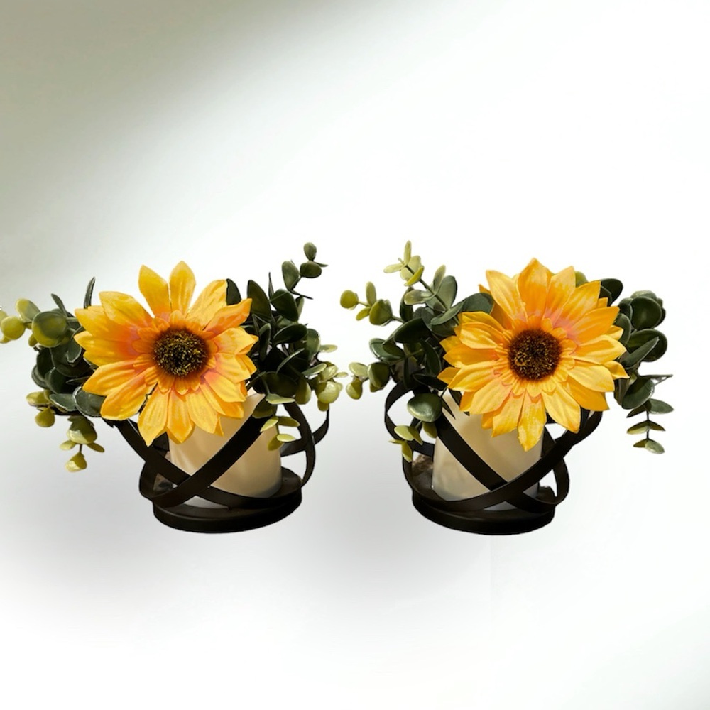 Set of Small Metal Battery Operated Candle Holders W/Sunflower Mini Centerpieces